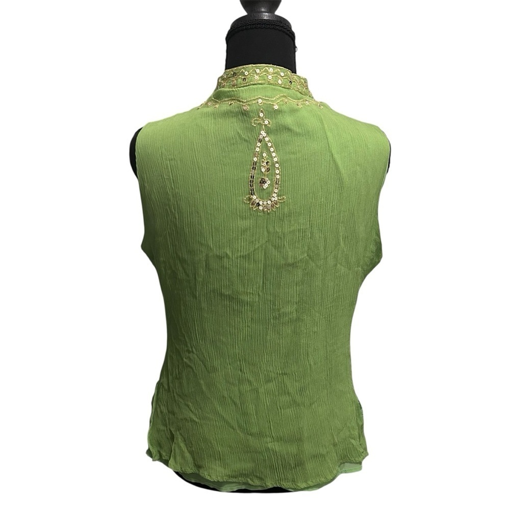 Vintage SilkLand Green Sequins 100% Silk Sleeveless Blouse Boho. Size L - Picture 2 of 7